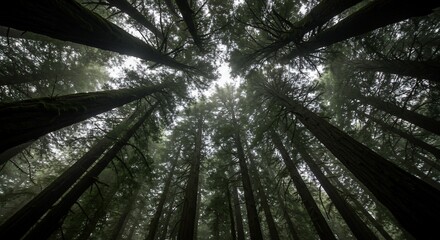 Obraz premium Misty Redwood Forest Canopy Low Angle View
