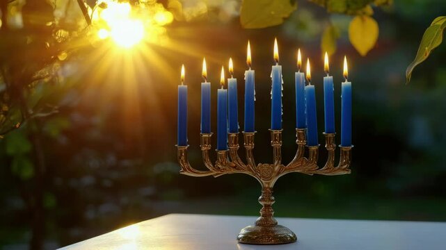 Chinese menorah, Hebrew writing on right side, outdoor sunset lighting
