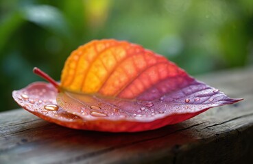 Close-up photo colourful leaf water droplets on wooden surface. Leaf dish with orange, red, purple gradient colors. Lush outdoor nature setting. Calm refreshing natural background.