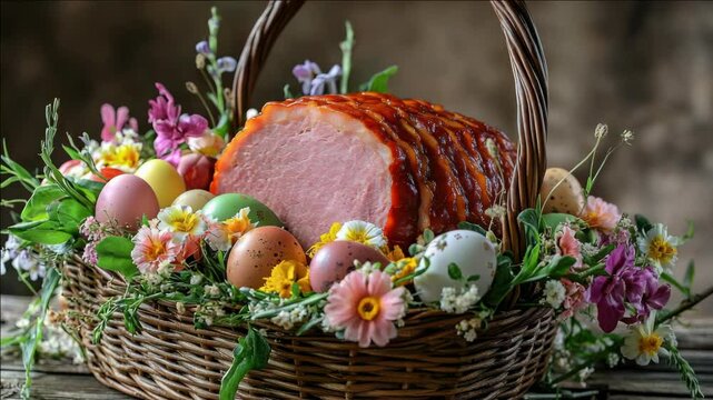 An Easter meal with a honey glazed ham in a wooden basket with festive decorations.