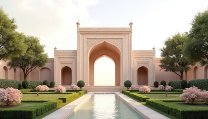 Fototapeta premium Exterior view of ornate Islamic architecture with water pool, symmetrical garden, arch. Pinkish-beige building design with decorative elements. Green trees, shrubs, bushes. Calm atmosphere, travel,