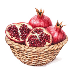 Pomegranate Fruit Basket, watercolor drawing vector, isolated on a white background.