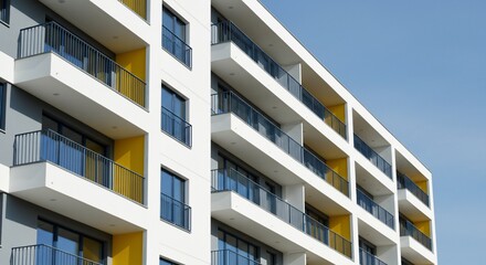 Fototapeta premium Modern Apartment Building with Yellow Accents and Blue Sky