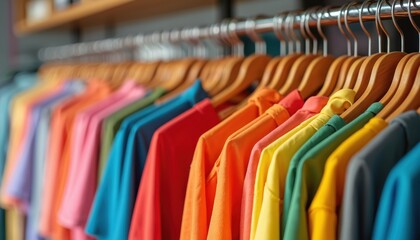 Colorful clothes on hangers in shop. Variety of colors red orange yellow green blue. Wooden hangers. Clothing sale, fashion store, retail business, trendy clothes.
