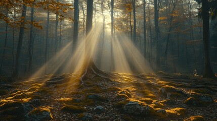 Obraz premium Sunlight streams through a misty autumn forest, illuminating a bed of roots and rocks