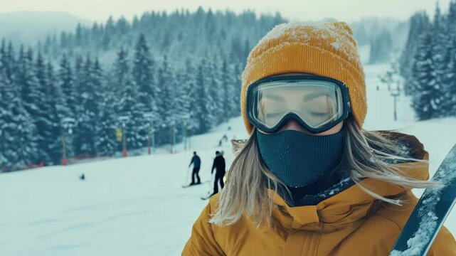 Female skier in full gear on snow-covered slope, wearing a yellow beanie and jacket.