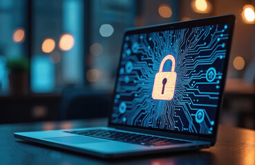 Laptop screen displays digital padlock, circuit board background. Cybersecurity concept, data protection, network security, online safety. Safeguarding info, encryption, digital privacy, cyberattack