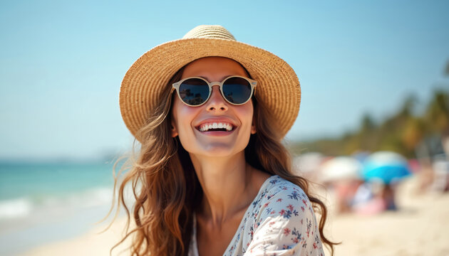 Brunette woman wearing sunglasses and straw hat smiles widely on beach during summer vacation. Joyful female with perfect white teeth. Happy expression, summer vibes, carefree lifestyle at seaside. - Powered by Adobe