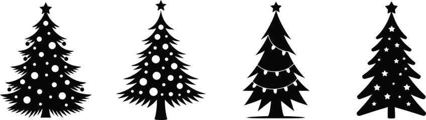 Four Black Christmas Tree Silhouettes: Festive Holiday Icons for Diverse Designs

