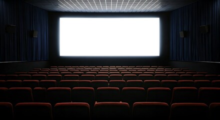 Fototapeta premium Empty Movie Theater with Bright Screen and Red Seats, Awaiting the Show, Creating a Sense of Anticipation and Cinematic Wonder