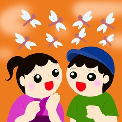 トンボの大群と少年少女