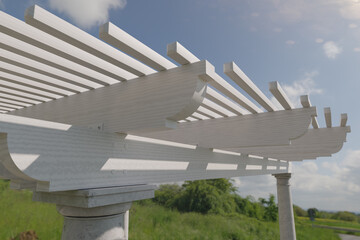 Detail Abstract of A Beautiful Marble and Wood Pergola Patio Cover.