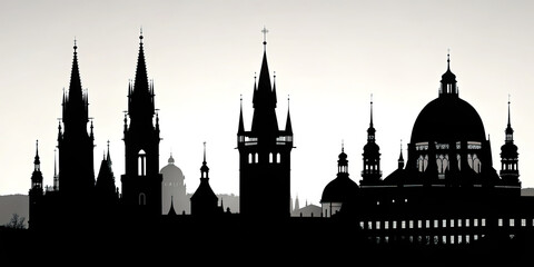 Naklejka premium Black and White Line Art Skyline of European Cities - Travel Landmark Illustration