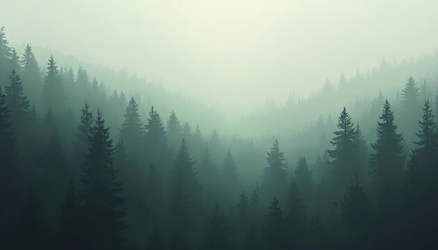 Misty mountain forest scenic landscape. Green, turquoise, foggy, moody, nature backdrop for inspirational quote, motivational text. Peaceful, serene, calm, tranquil eco background.