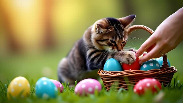 Feline Engaging with Red-Dyed Egg Amidst Easter Basket