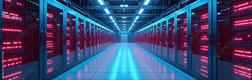 Poster cloud datacenter with servers. modern data storage technology, data processing in cyberspace. secure