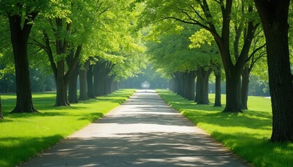 Fototapeta premium Pathway through green park with trees. Sunlight, shadow on walkway. Peaceful nature, summer vibe. Walk, stroll, relax, enjoy outdoor activity at park. Perfect for background, travel, tourism, nature,