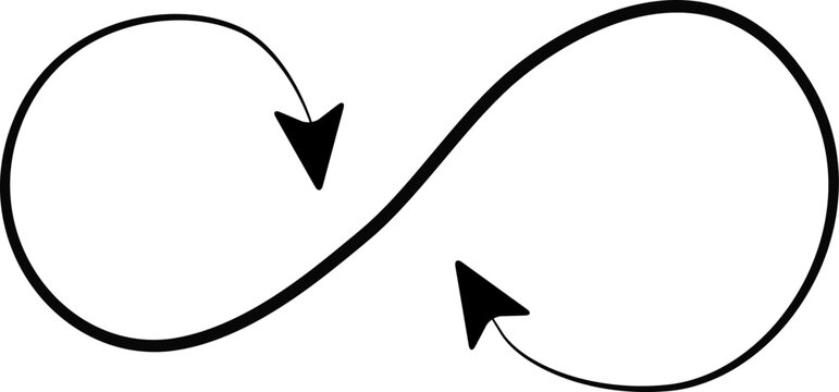Arrow forming a continuous, looped path resembling an infinity symbol with a gradually thinning stroke.