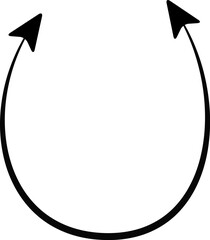 Horseshoe-shaped arrow curves around in a U-form and splits into two opposing directions with tapering stroke.