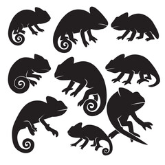 A collection Of chameleon silhouette illustration featuring various dynamic poses perfect for nature themed design, background, decorations, stickers, Clipart, design materials, etc