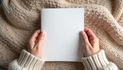 Woman hands hold open blank catalog, magazine, book mockup. Female hands with manicure hold blank page. Book pages, cover presentation on beige knitted background for design, text placement. Mockup,