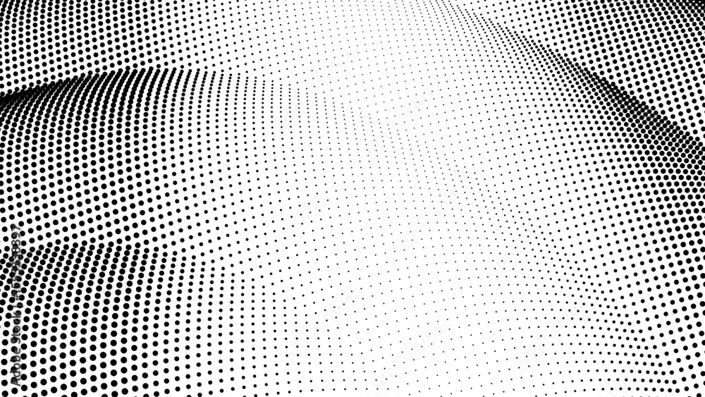 Aufkleber Abstract black and white halftone dot pattern. Optical illusion with distorted perspective. Modern tech art for digital background.