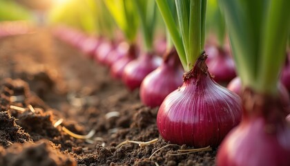 Vibrant close-up of red onions growing in garden. Fresh, ripe, organic vegetable bulbs with green stalks in soil. Healthy eating, farming, horticulture theme. Agriculture cultivation in backyard,