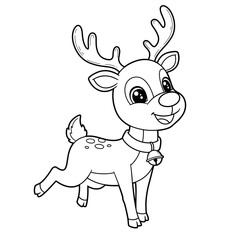 A cheerful cartoon reindeer with large antlers and sparkling eyes prances joyfully. It wears a jingling bell collar and has playful spots on its back, radiating festive charm in motion.