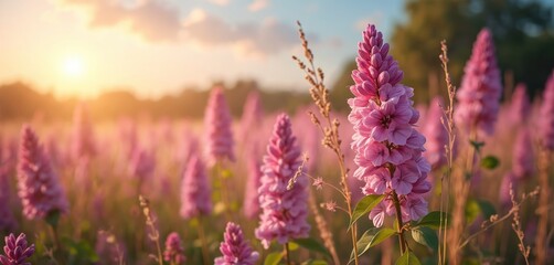 Naklejka premium Pink wildflower meadow in morning sunlight. Blossoming lilac bushes, flowers on the field. Pink clouds on blue sky over. Rural landscape, springtime. Nature scenery, fresh air.