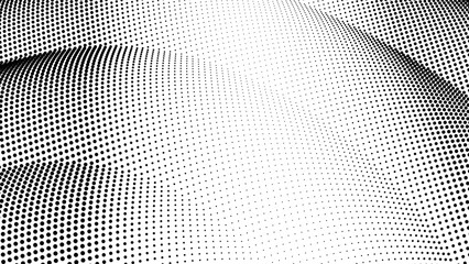 Abstract black and white halftone dot pattern. Optical illusion with distorted perspective. Modern tech art for digital background.
