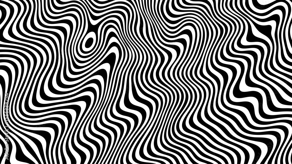Poster Abstract black and white wavy striped pattern creating an optical illusion. Groovy psychedelic background for modern design.