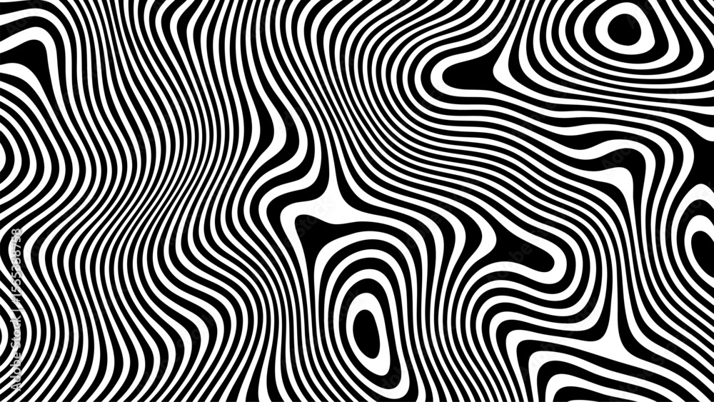 Poster Black and white fluid striped pattern with mesmerizing optical illusion effect. Abstract psychedelic background for art design.