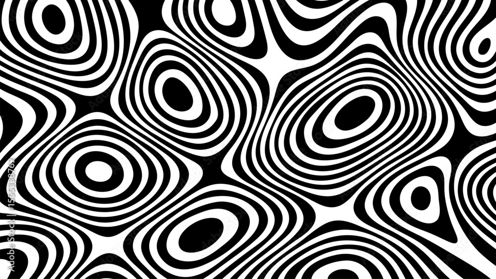 Aufkleber Black and white abstract liquid wave pattern. Hypnotic optical illusion for dynamic background. Groovy flow design for modern art.