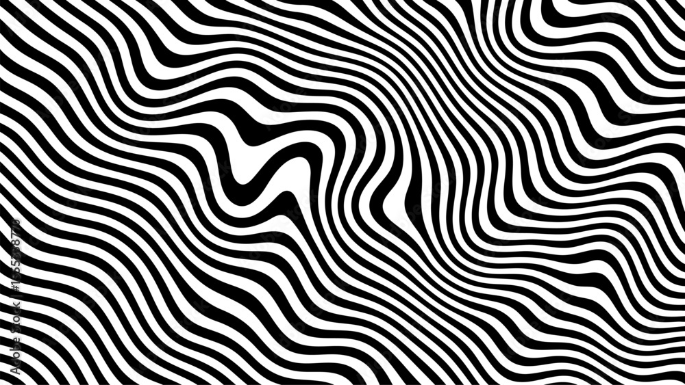 Poster Black and white abstract wavy lines pattern creating an optical illusion. Groovy background with distort effect for modern design.