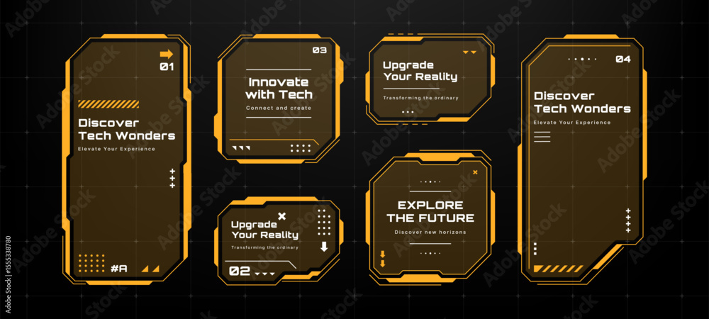 Poster Futuristic hud text box frame templates. Digital high tech cyber user interface elements for information display.