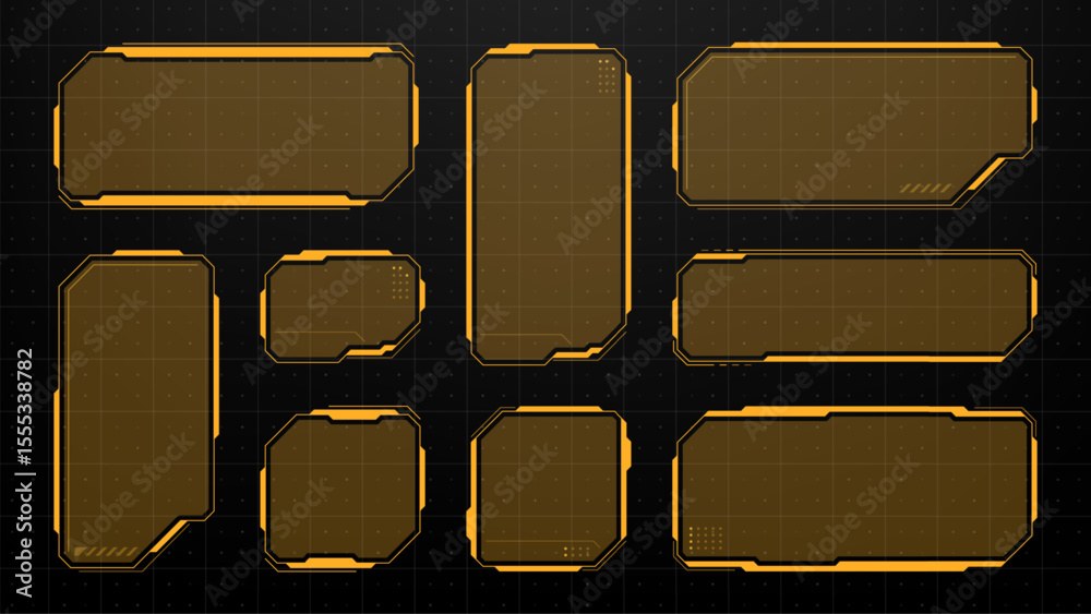 Poster Hud text box frame vector element set for game interface and digital ui design. Futuristic tech display with orange outline.