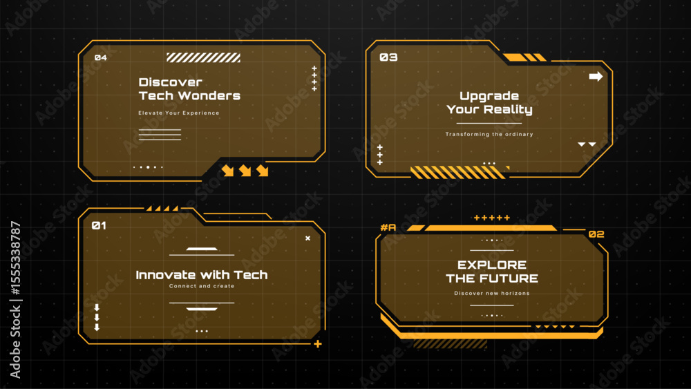Fototapete Orange heads up display text boxes on grid, hud frame with futuristic design for data and virtual interface element