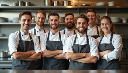 Group restaurant staff poses at work. Smiling cooks, chefs with crossed arms in aprons looking at camera. Team, cafe, bistro, eco food workshop. Portrait of diverse people.