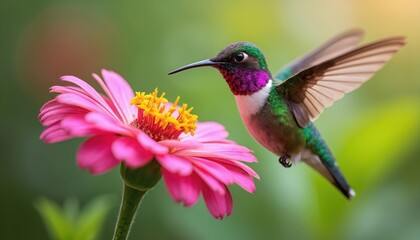 Fiery-throated hummingbird bird flying next to pink flower. Small exotic avian next beautiful bloom. Nature wildlife photo with color image, copy space. Tropical paradise travel destination.