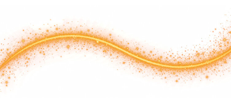 Curva de luz dorada con destellos y part&iacute;culas en forma de estrellas brillantes. Aislada sobre fondo transparente. PNG. 