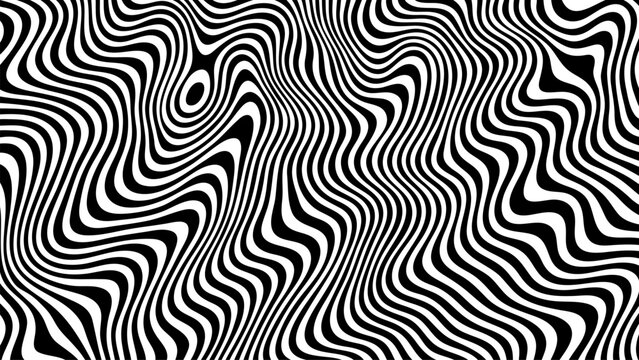 Abstract black and white wavy striped pattern creating an optical illusion. Groovy psychedelic background for modern design.