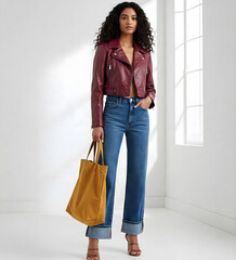 A young adult woman with long dark hair, wearing a red leather jacket, jeans, and holding a yellow tote bag, stands confidently