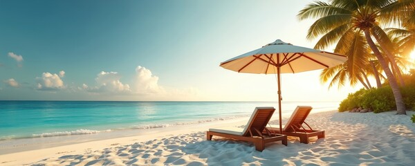 Tropical beach with white sand coco palms, sun umbrella, deck chairs. Panorama of amazing beach landscape travel concept. Turquoise ocean, blue sky. Perfect vacation, holiday, paradise resort,