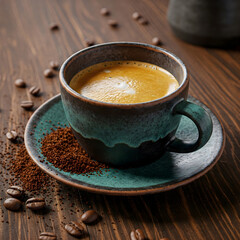 A teal ceramic cup of coffee with crema sits on a matching saucer with scattered coffee grounds and beans