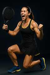 A young adult woman in sports attire, with a strong physique, screams and pumps her fist in celebration while holding a racket