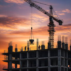 A construction site with a large crane lifting a bucket of concrete, silhouetted against a vibrant orange and purple sunset sky