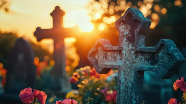 A peaceful graveyard scene with crosses and roses. The  captures a serene evening ambiance.