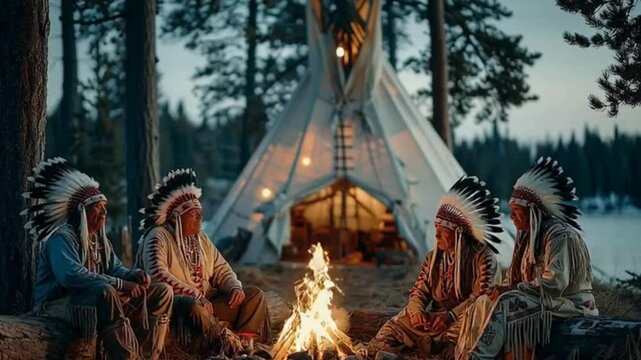 An authentic scene of Native Americans gathered around a glowing fire at dusk, wearing traditional clothing and feather headdresses. In the background stands a large teepee surrounded by pine trees