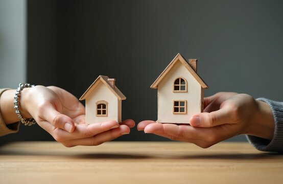 Hands exchanging house models. Concept of downsizing property ownership living space. Transition, change decision. Smaller vs bigger house size comparison. Real estate, housing, accommodation,