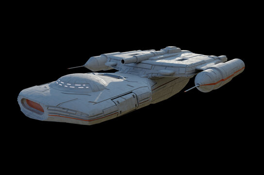 Outer Space Gunship with White and Orange Colour Scheme on Black Background - Front View, 3d digitally rendered science fiction illustration